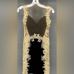 Jovani Black and Gold Embroidered Backless Dress